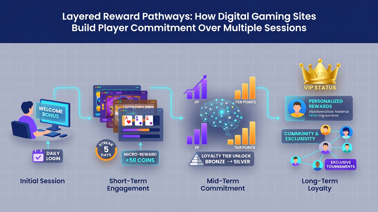 Illustration of player progression through multiple reward tiers across gaming sessions with timeline elements