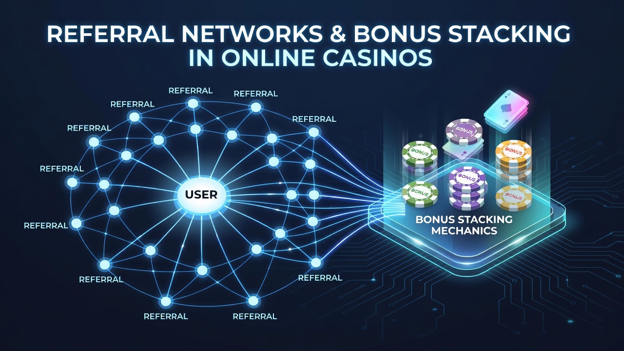 Illustration of player accounts connected through referral chains with overlaid bonus indicators and wagering progress bars