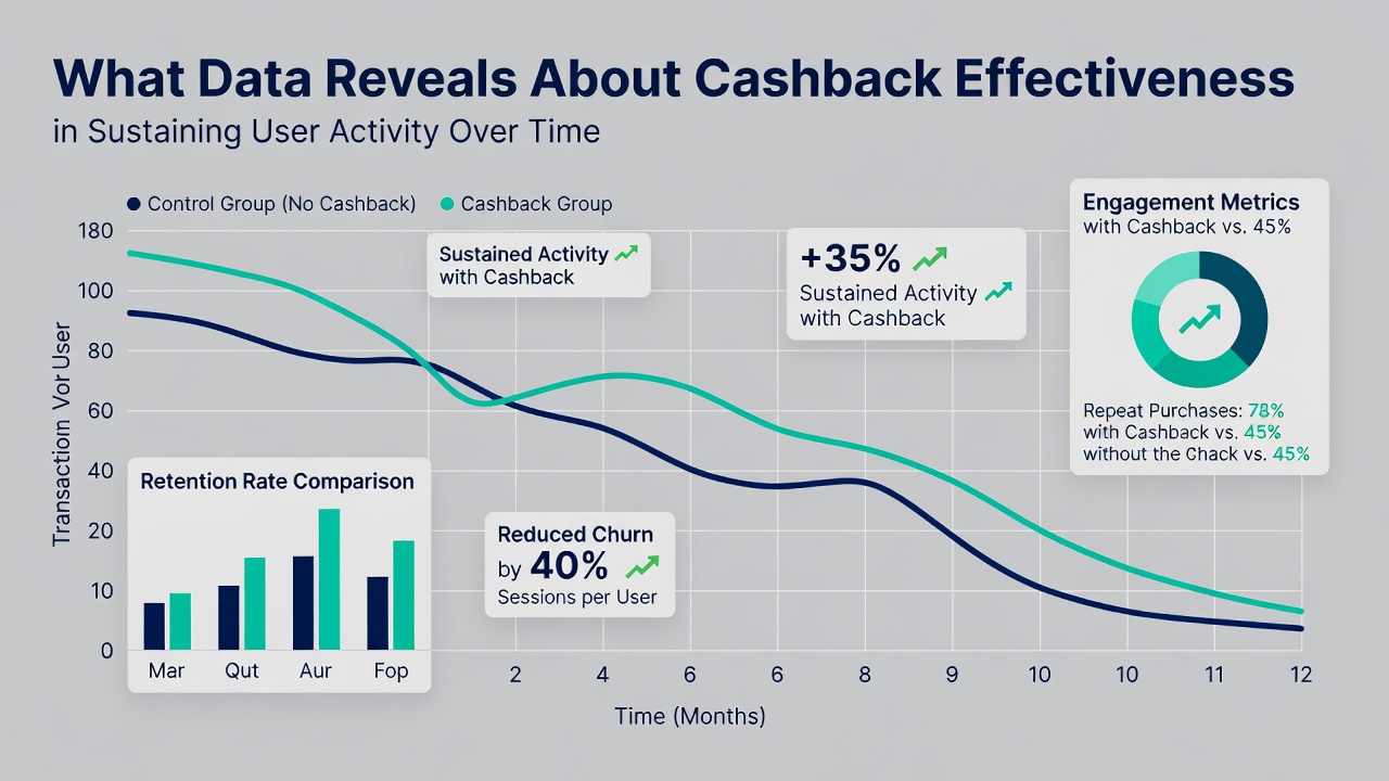 Infographic illustrating retention curves for cashback users versus control groups over twelve months